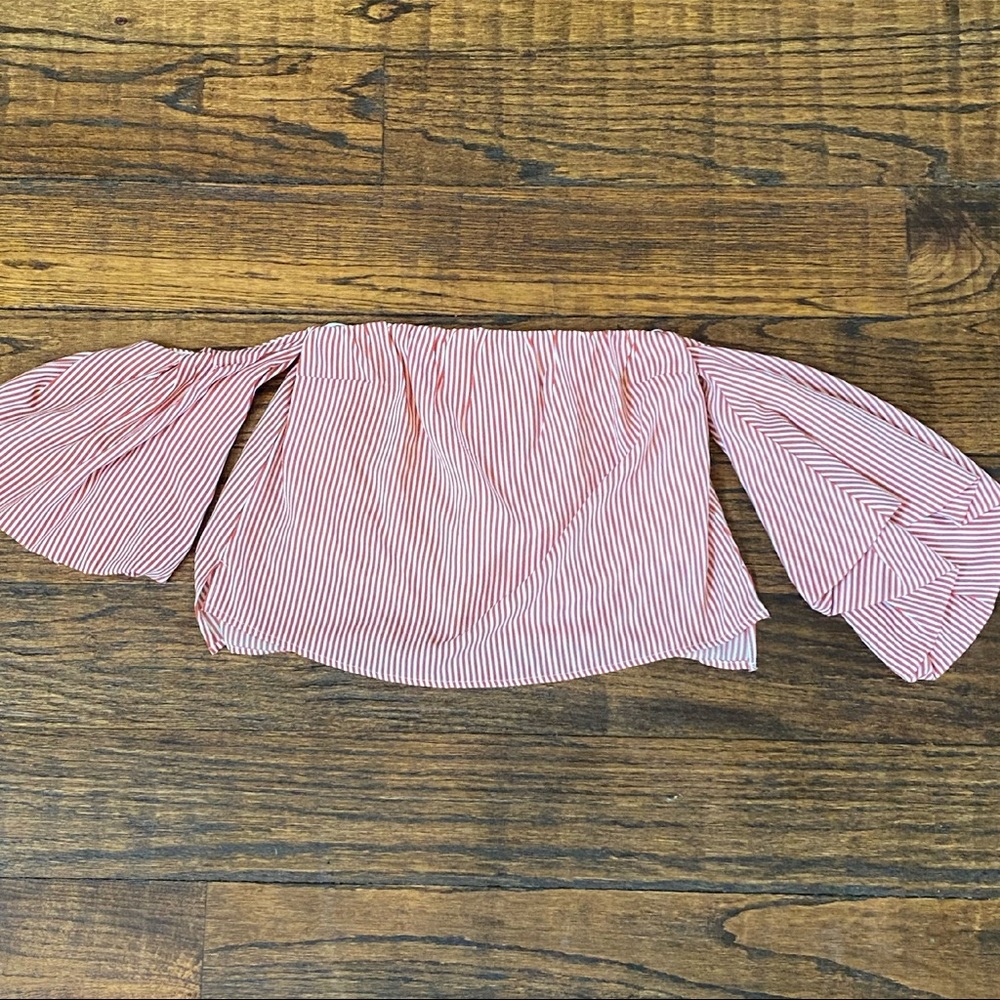 Off the Shoulder Seersucker Striped Blouse Top